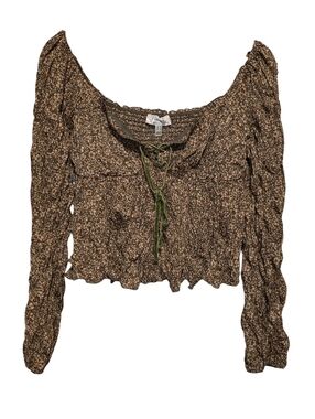 Collabo By Privy Sage Floral Crinkle Babydoll Top Velvet Lace Up Front NWOT Sz M